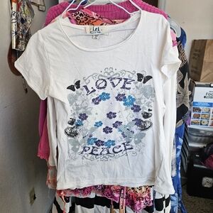 White Graphic Tee with Love and Peace Design